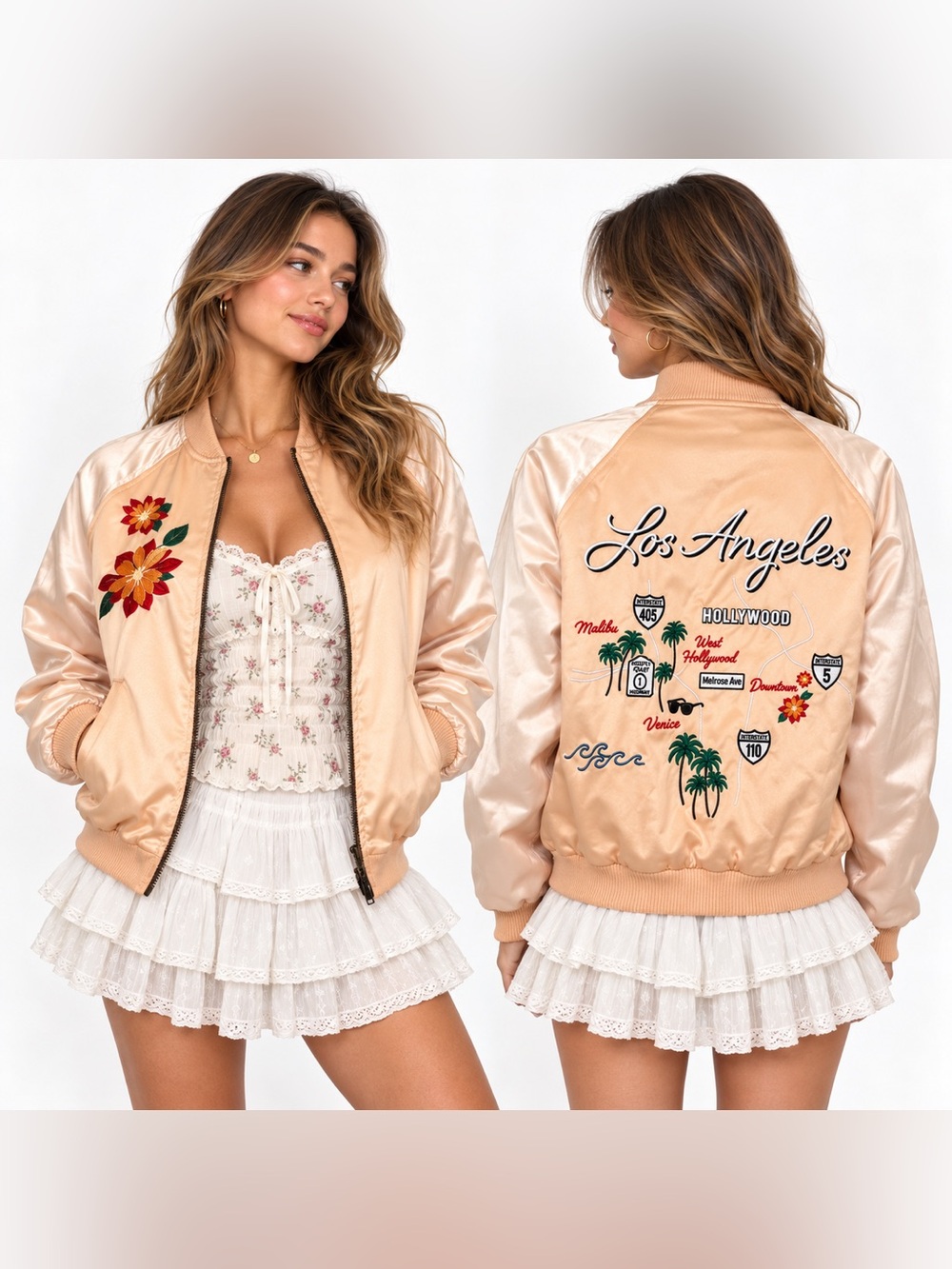 Lovers + Friends x REVOLVE Roadtrippin Embroidered LA Bomber Jacket Womens SZ M